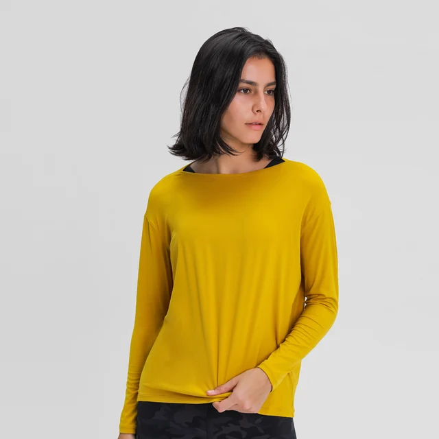 Nepoagym HEART Long Sleeve Workout Tops Women Silky Loose Fit Yoga Top Brushed Material Sports Shirt Ladies Workout Tops Yellow