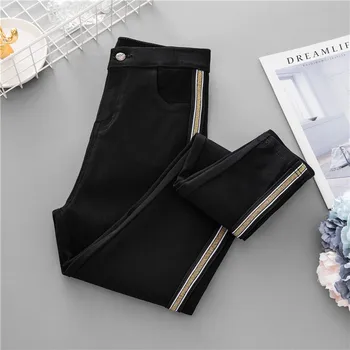 

Pants Women High Waist Plus Size Loose Casual Broadcloth Button Patchwork Female Black Ankle Length Straight Pants