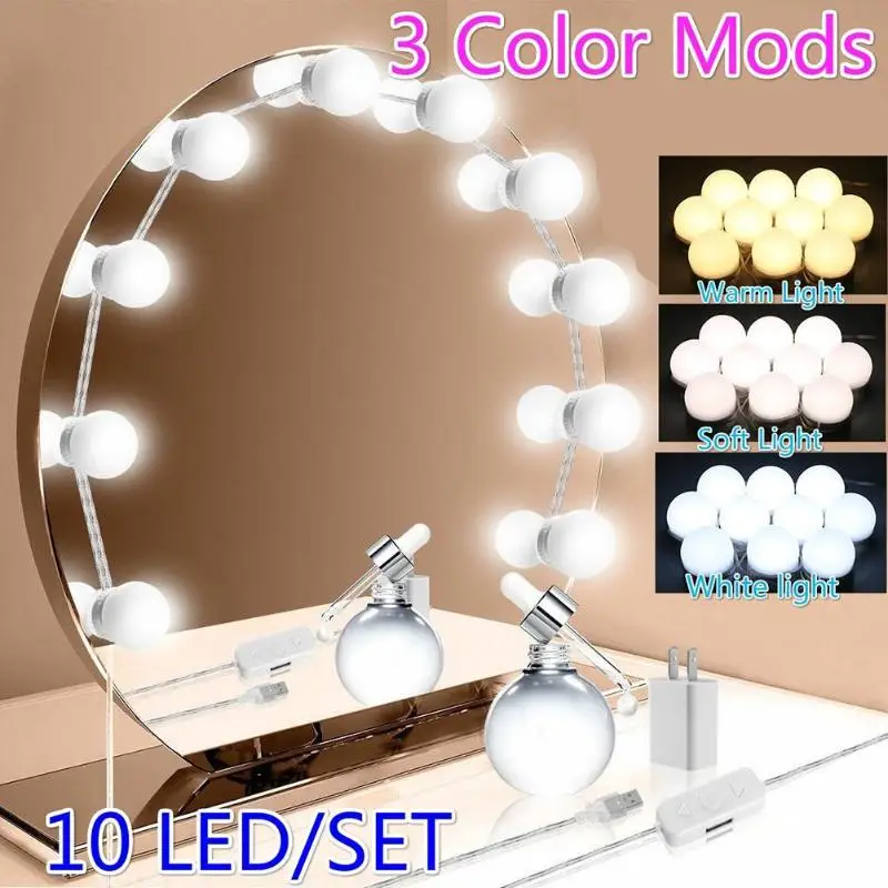 USB светодиодный 12V макияж настенный светильник 2 6 10 14 лампы Комплект для туалетного столика Плавная регулировкая яркости Голливуд LED-подсветка маленького зеркала
