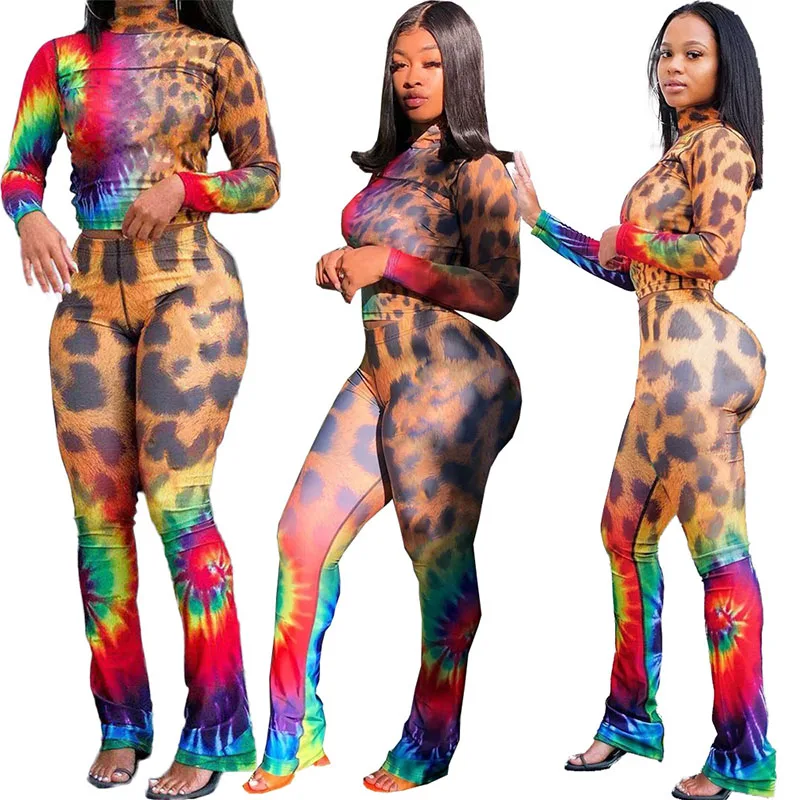 

2020 Autumn Women's Suit European and American Women's Leopard Print Tie-Dye Sports Jumper Pants Two-Piece Set