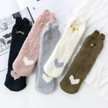 

Cute Little Cat Cartoon Fuzzy Socks Women Coral Velvet Medium Tube Funny Socks Cotton for Winter and Autumn Keep Warm
