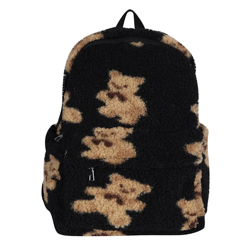 Imitation Lamb Hair Backpack Women School Bags For Teenage Girls Bears Print Cut Soft Plush Tote Bag Women 3D Cartoon Bear Print Kawaii  main image 3