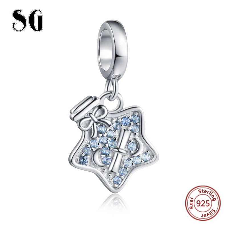 

SG 100% Authentic 925 Sterling Silver Star Wishing Bottle Drift Bottle charms Bead with Shiny blue cz for women girls
