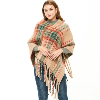 

2020 new autumn and winter thickened shawl European and American style ladies fine plaid thick tassel head cape