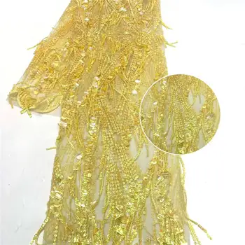 

High quality golden Mesh African Tulle lace fabric 2020 New Design Nigerian wedding African Gold Sequin lace fabric F76-1