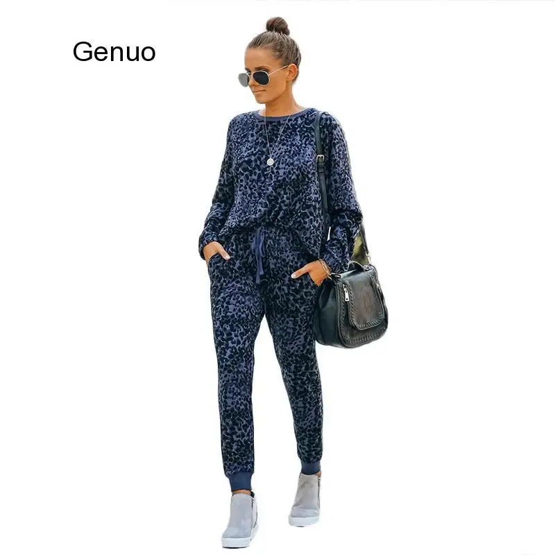 Leopard Two Piece Set Women Fall Tracksuit Long Sleeve Crop Top Pant Sweatsuit Matching Sets Sexy 2 Piece Club Outfits