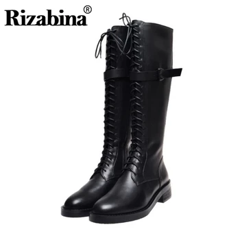 

RIZABINA Woman Knight Boots Genuine Leather Knee High Boots Lace Up Round Toe Long Boots Winter Warm Shoes Women Size 33-40