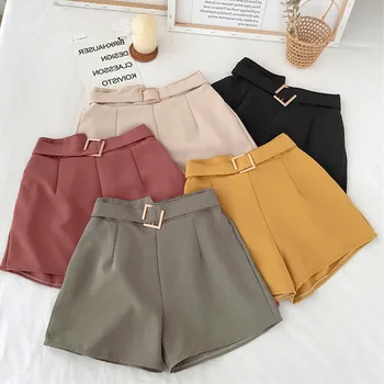 

Office Elastic Waist Shorts Women Mini High Waist Shorts with Belt Wide Leg Summer 2020 Harajuku Korean Short Feminino