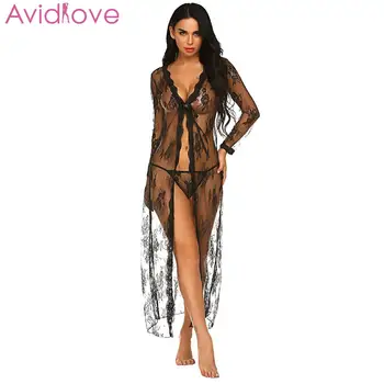 

Women Sexy Lingerie Set With G-string Babydoll Pajamas Long Sleeve See-Through Floral Lace Cardigan Erotic Nightgown Female
