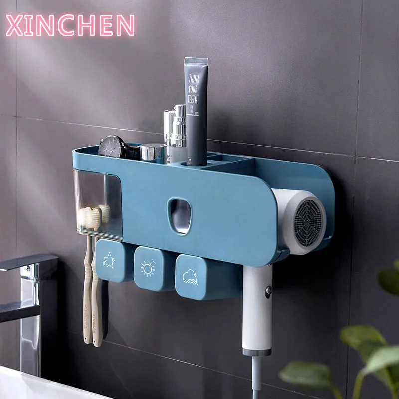 

Waterproof Bathroom Organizer 3-piece Set Multifunction Wall Mounted Toothbrush Holder with Hair Dryer Rack Toothpaste Squeezer