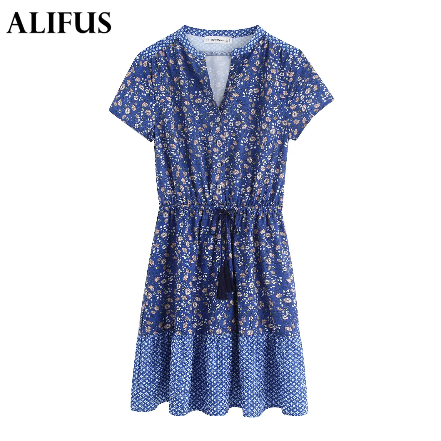 

Fashion Za Women Dress 2019 Elegant Floral print V-Neck Casual Elastic Waist Bandage Dresses Summer Medium Length Women Vestidos