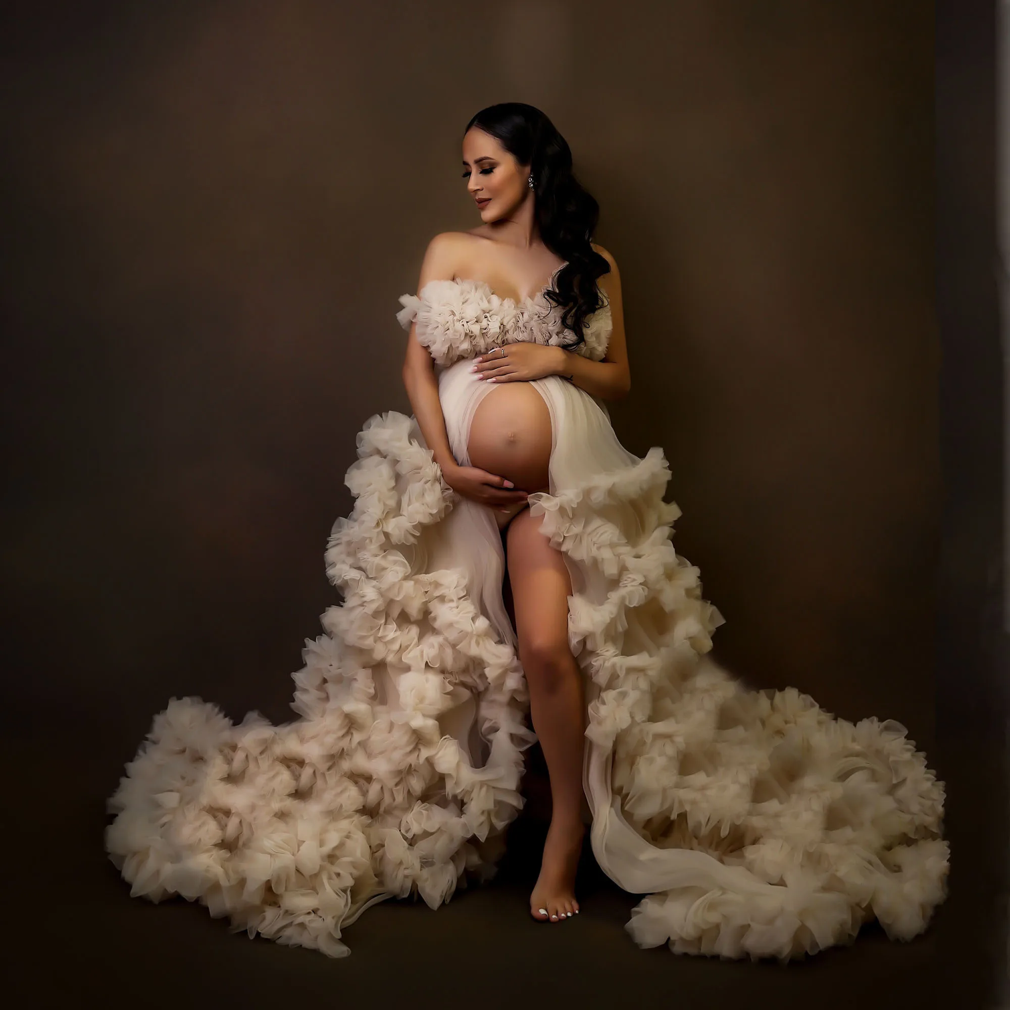 Elegant Ruffled Tulle Maternity Dress for Photography Extra Puffy Women Gown Babyshower Pregnancy Photoshoot | Женская одежда