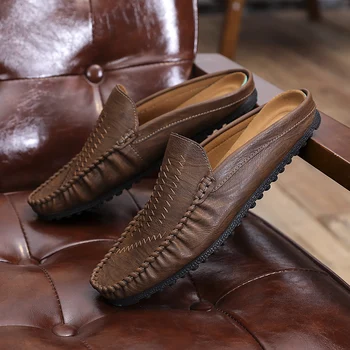

2019 New Trend Men Casual Shoes Fashion Slip On Casual Pu Leather Men Shoes Comfortable Half slippers Man Flats Shoes For Mens
