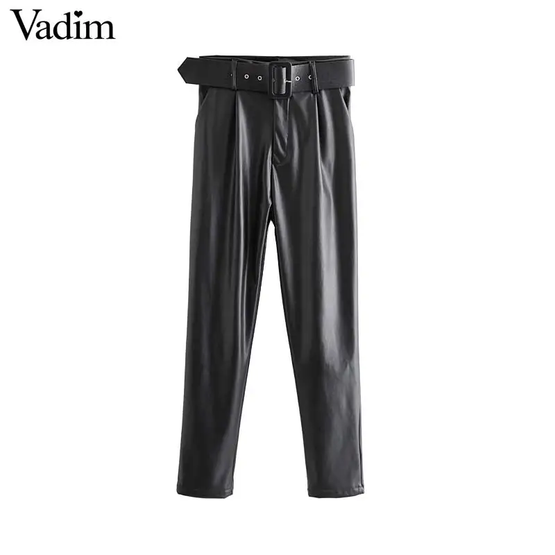 

Vadim women chic PU leather warm pants bow tie sashes pockets zipper fly black casual basic trousers pantalones mujer KB183