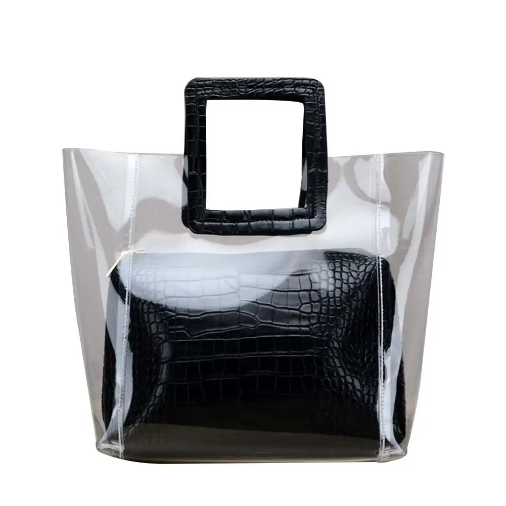 

2Pcs/Set Women Crocodile Pattern Faux Leather Clutch Bag Clear PVC Tote Pouch