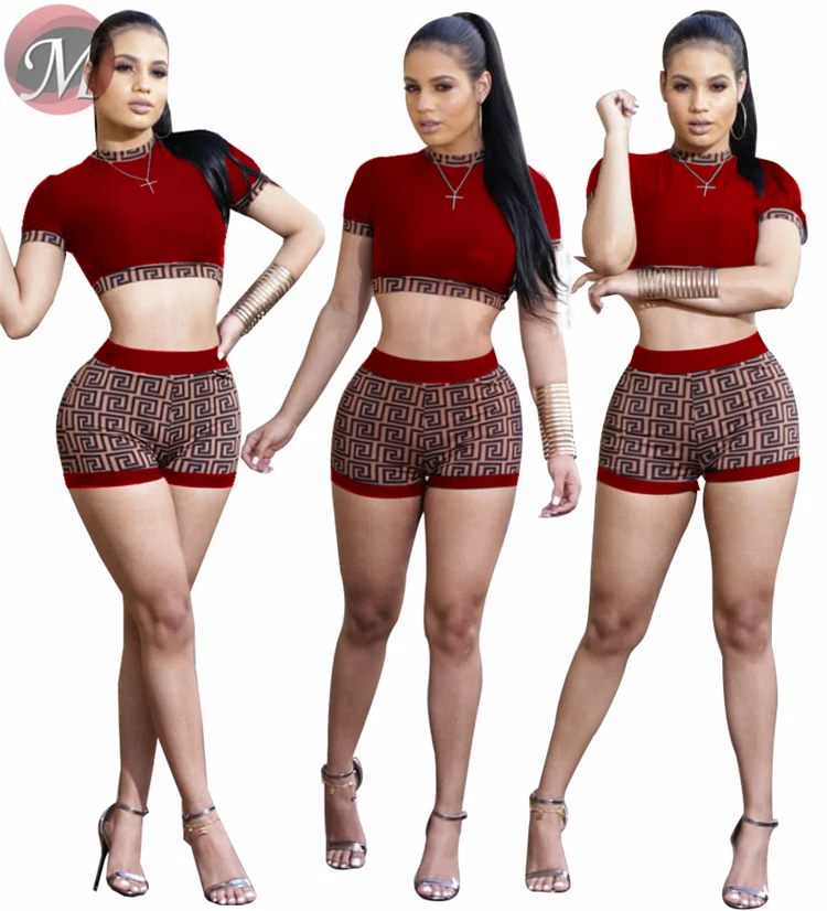 9032715 HOT sale women sports crop top and mini shorts two piece set