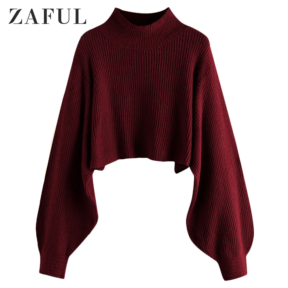ZAFUL с пышными рукавами свитер с высоким воротом для женщин рукав-фонарик вязаный свитер свободные женские водолазки пуловеры осенние шикарные топы