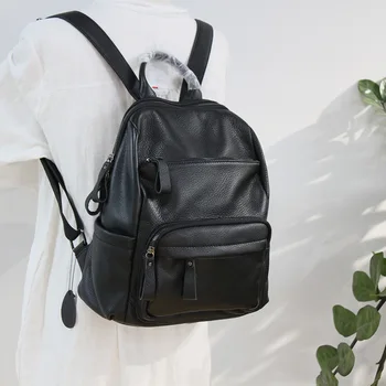 

MESOUL Backpacks Women Genuine Leather Bags Big Capacity Travel Student Backpack Female Casual Black Solid Zip Daily School Bags