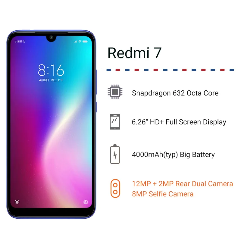 Глобальная версия Xiaomi redmi 7 6,2" полный экран 4000 мАч 3 ГБ оперативная память 64 ГБ Встроенная Snapdragon 632 Octa Core 12MP redmi 7 телефон