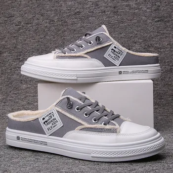 

2020 New Casual Half Drag Canvas Shoes Solid Color Sports Shoes Men's Shoes Heelless Lazy Shoes Flat Shoes Mens Fashion Sneakers