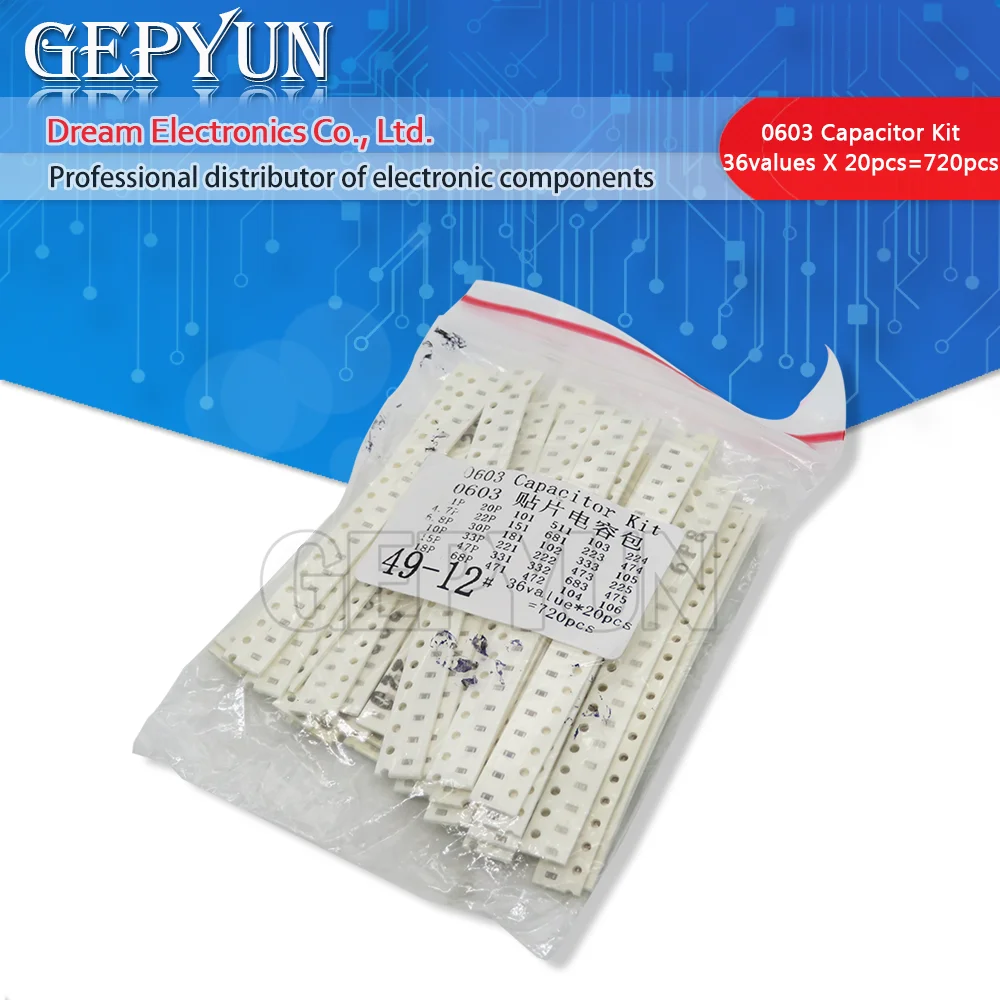 36values*20pcs = 720pcs 0603 SMD Capacitor assorted kit 1pF-10uF component diy samples kit new and original