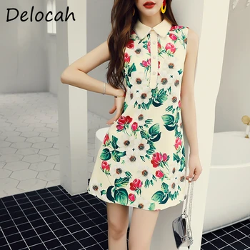 

Delocah Women Summer Fashion Designer Party A-Line Dress Sleeveless Gorgeous Beading Button Floral Print Ladies Short Dresses
