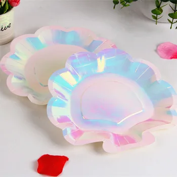 

6Pcs Iridescent Sparkle Shell Paper Plates Party Dish Tableware 9" Mermaid Theme Festival For Baby Shower Wedding Party Supplies