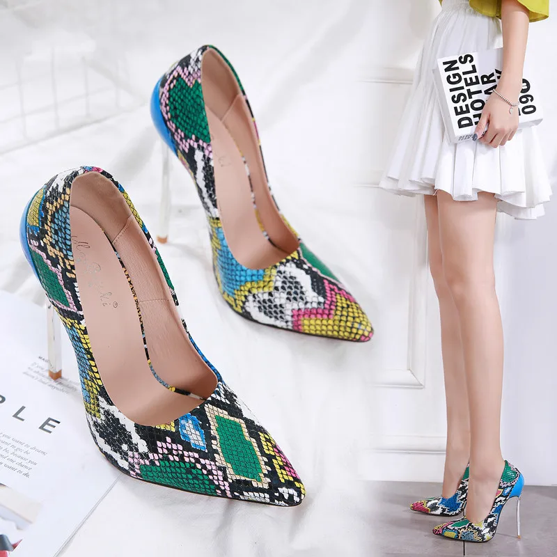 

2020 Women Summer High Heel Shoes 13cm Fashion Snake Thin Heel Ladies Leather Shoes Business Party Pointed Toe Pumps Shoes