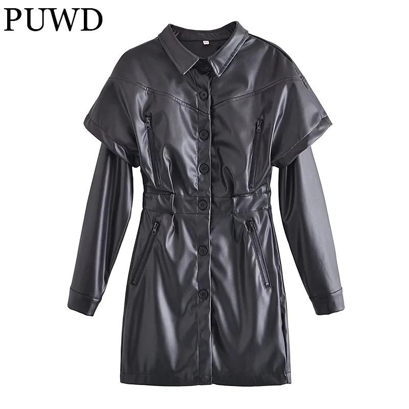Puwd Vintage Women Faux Leather Patch Sleeve Workwear Dress 2021 Autunno Vita Monopetto Bavero Dress Slim Female Chic Dress