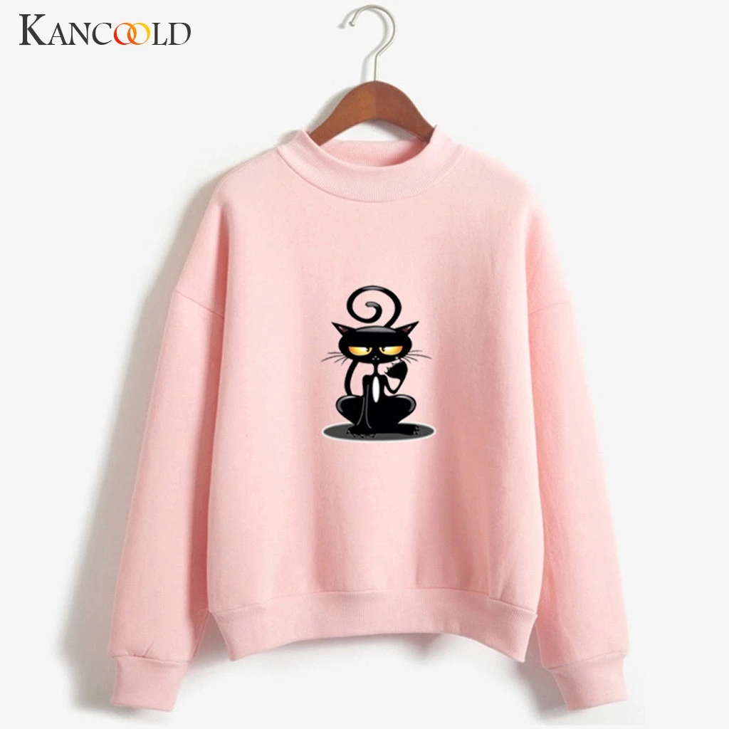 KANCOOLD/Женская толстовка с круглым вырезом, однотонная толстовка с рисунком кота, длинный рукав, бархатная толстовка с рисунком, для женщин 2019AUG16