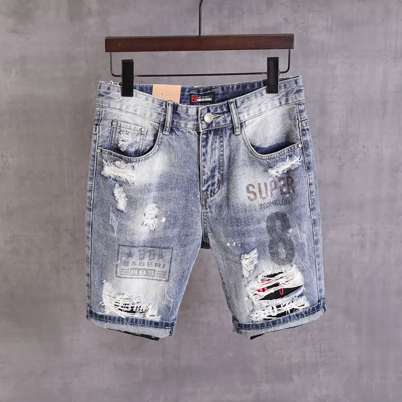 

2020 Newly Summer Fashion Men Jeans Retro Light Blue Ripped Short Jeans Men High Quality Printed Designer Hip Hop Denim Shorts