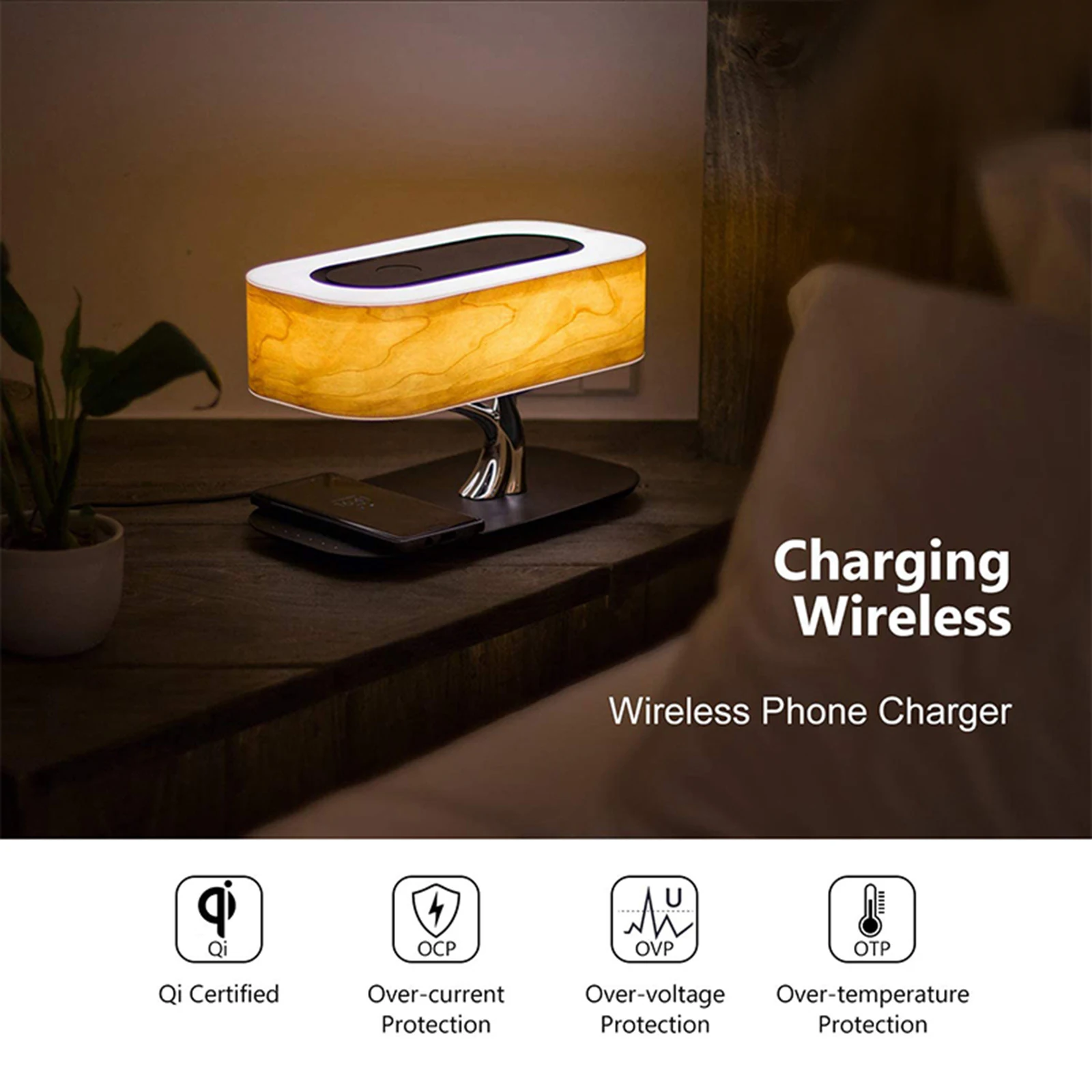 Desk Lamp with Wireless Charging and Bluetooth Speaker LED Bedside Table Light Stepless Dimming for Bedroom Office Living Room