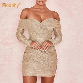 

Spring 2020 New Elegant Women's Dress Sexy Long Sleeveless Shoulder Mini Bodycon Dress Fashion Club Celebrity Party Vestidos