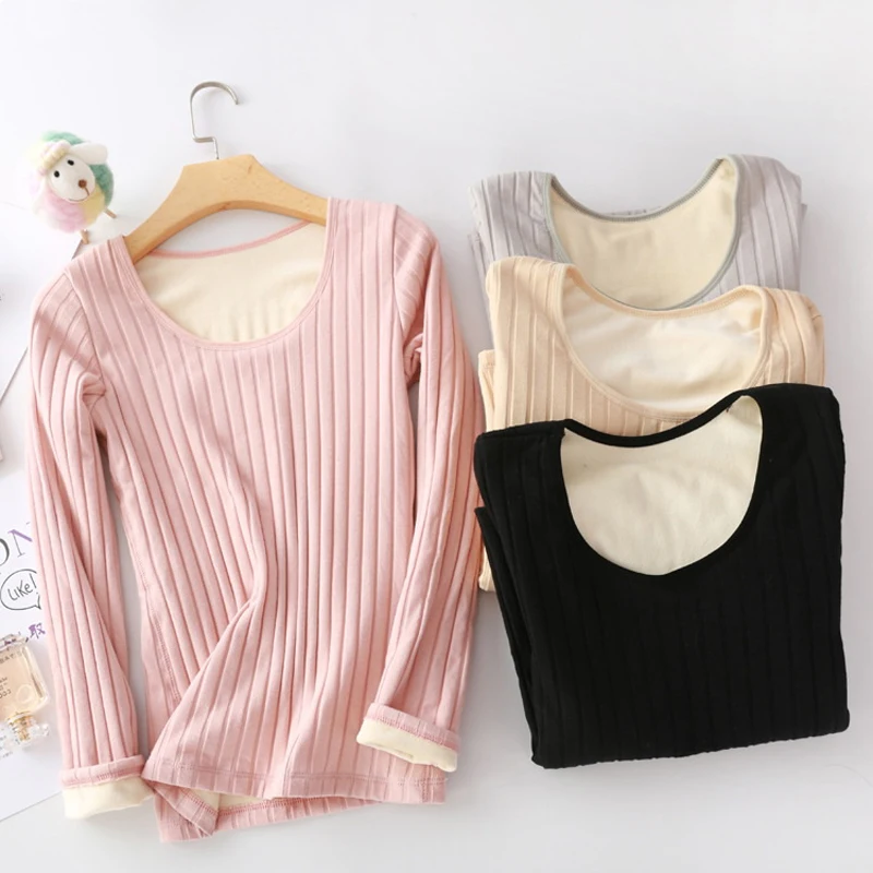 

EliFashion New Velvet Thick Winter Round Neck Pit Strip Long-sleeve Bottoming Shirt Thermal Female Underwear Cold Protection Top