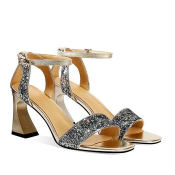 

New Wild High-heeled Shoes Peep Toe Square Heels Ladies Sandals With A Word Buckle Genuine Leather Women's Sandals Woman Shoes