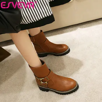 

ESVEVA 2021 Square Med Heel PU Leather All Match Ankle Boots Platform Women Boots Round Toe Shoes Boots Size 34-43