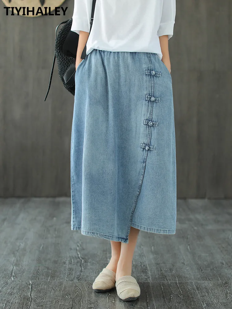 Free Shipping 2021 New Cotton Denim Long Mid-calf Skirts For Women Summer Spring Elastic Waist A-line Chinese Style Skirts women hollow out ruched dress solid long sleeve zipper split bodycon strechy maxi dresses sexy night clubwear autumn outfit 2021