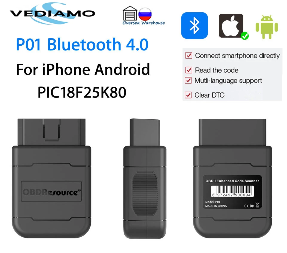 Автомобильный диагностический сканер P01 Bluetooth V1.5 PIC18F25K80 для iPhone Android OBD2 PK ICar2 ELM327 |