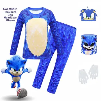 2020 Halloween Boys Costume Sonic The Hedgehog Bule Game Anime Cosplay Clothings Party Long Sleeve Trousers Mask Gloves For Kids 1