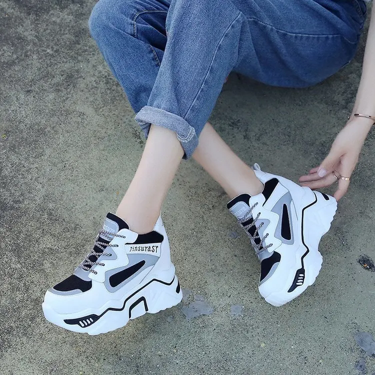 Autumn New Mesh Women's Height Platform Chunky Sneakers Fashion Women Wedge Increasing Thick Sole Shoes Woman Footwear 9cm