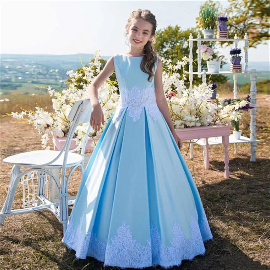 Sky blue Princess Flower Girls Dress Lace Applique Sleeveless O-Neck First Holy Communion Dresses Little Kids Birthday | Свадьбы и