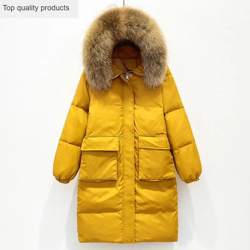 2020 New Women Winter Down Jacket Yellow Fur Hooded Coat Loose Long