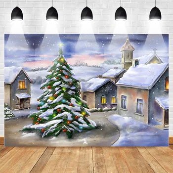 

Neoback Christmas Party Banner Decor Backdrop Winter Christmas Trees Snow House Background Oil Painting Family Party Backdrops