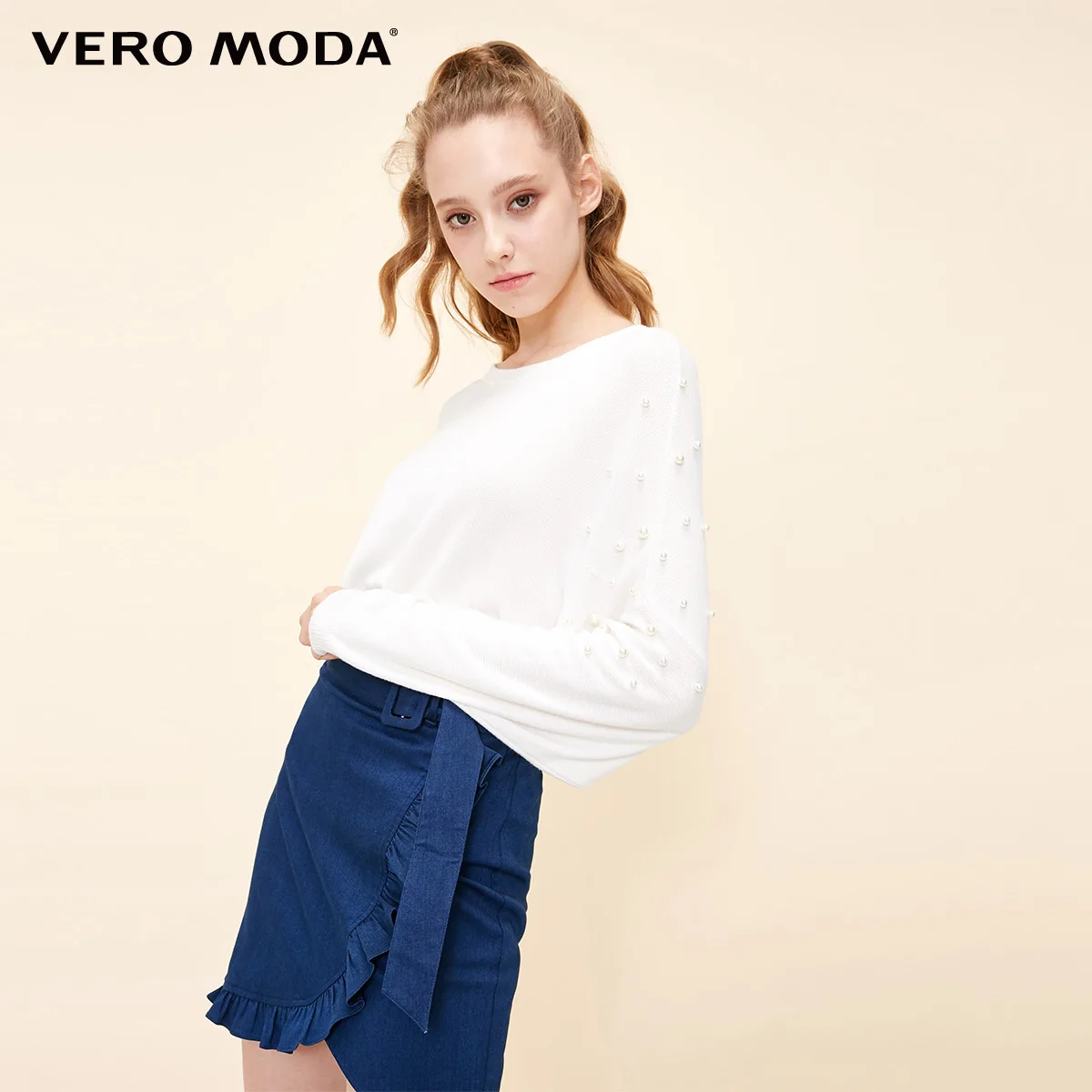 Vero Moda Women's Imitation Pearl Batwing Sleeves Drop-Shoulder Pure COLor Knit | 318324548 - Цвет: Eggnog