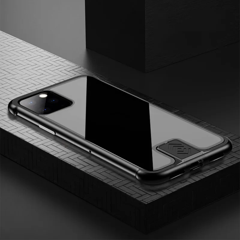 Откидная задняя крышка для iPhone 11/11 Pro/11 Pro Max чехол для телефона s 12H закаленное стекло металлический бампер противоударный чехол для телефона - Цвет: Black Phone case