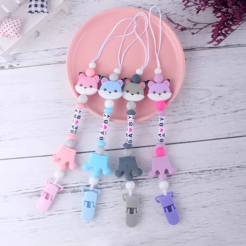 

Food Grade Silicone Pacifier Chain Baby Alphabet Chain Silicone Cute Fox Teether Pacifier Chain Clip