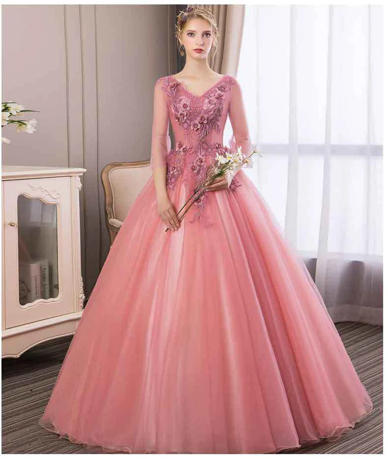 Color B Robe De Soiree Новое Элегантное кружевное бальное платье с коротким рукавом и v-образным вырезом, Цветочная аппликация, фатиновое бальное платье, бальные платья - Цвет: Color B