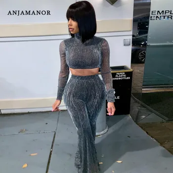 

ANJAMANOR Sparkly Sheer Mesh Sexy Two Piece Set Crop Top and Flare Pants Winter Club Outfits Women Matching Sets D52-AI11