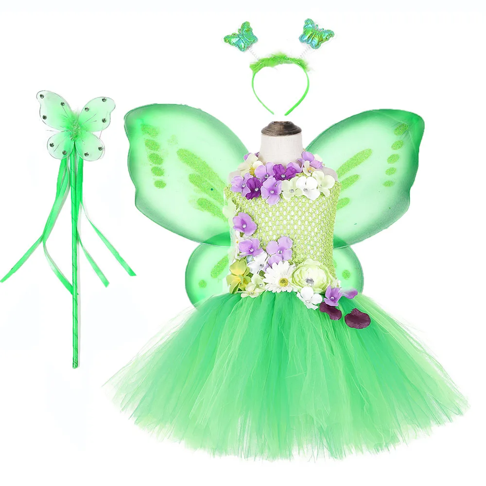 Зеленый цветок фея Динь-пачка платье девочки; дети Рождественская одежда подростков Хеллоуин костюм феи для косплея платье с нашивкой «Крылья» комплект
