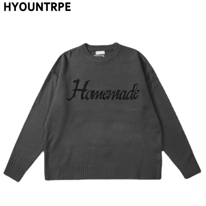 Hip Hop Skull Knitted Oversized Sweater Mens Letter Embroidery O-neck Long Sleeve Pullover Streetwear Loose Sweaters Clothing